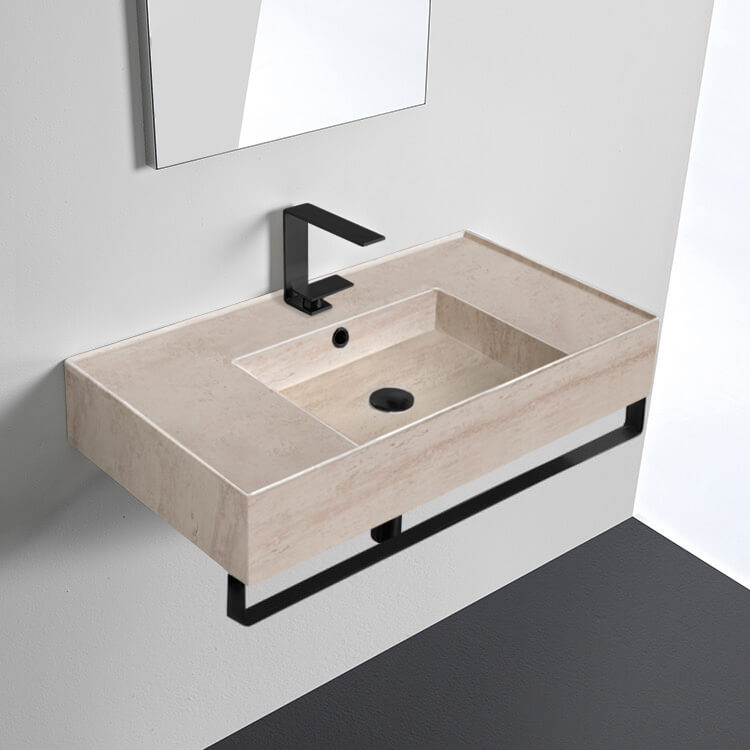 Scarabeo 5123-E-TB-BLK Beige Travertine Design Ceramic Wall Mounted Sink With Matte Black Towel Bar